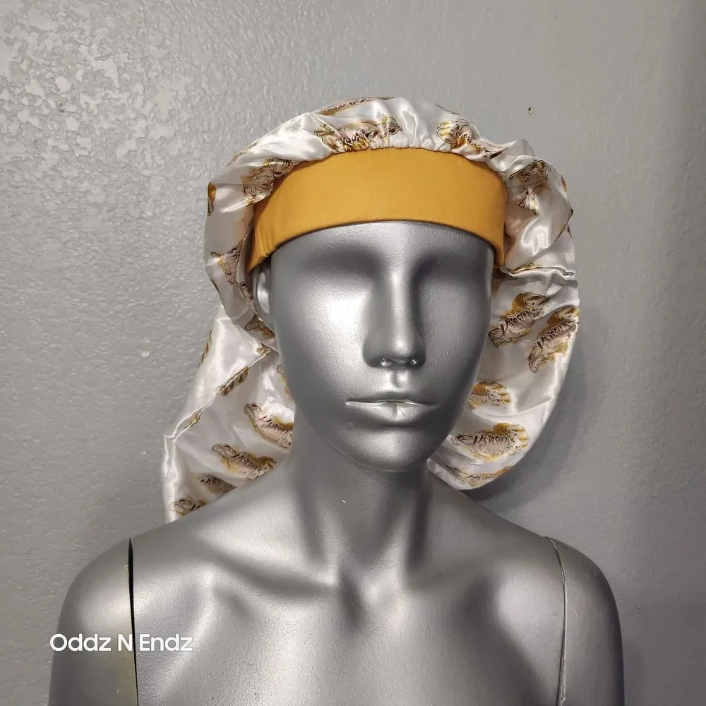 Luxury Satin Sleep Bonnet‎ Gold Tiger Print White Elastic Band Hair Protection